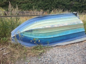 old, abandoned, blue boat near Peel harbour, IOM